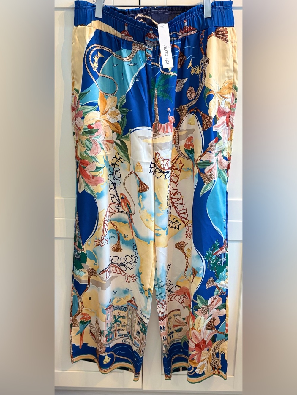 CHICO'S SIZE 2 = WOMEN USA 12 Sanibel Island Print Wide Leg Pants SILKY NEW NWT